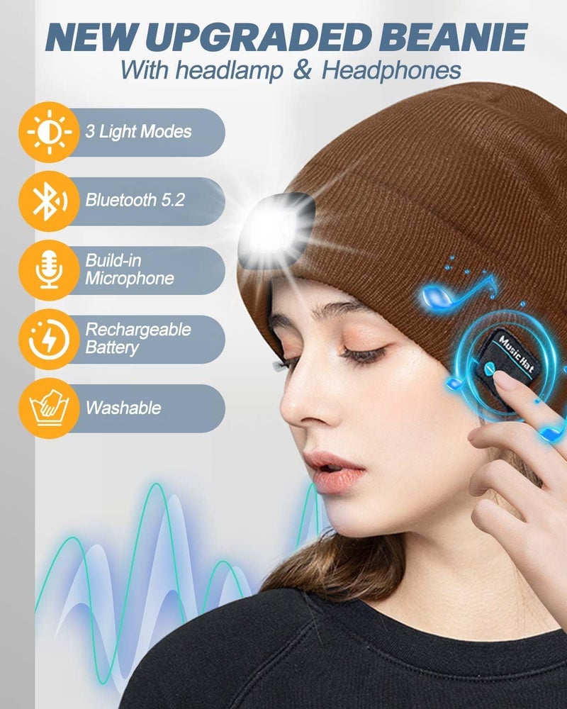 MOXTOYU Bluetooth Beanie with Light, USB Rechargeable LED Headlamp Winter Hat, Christmas Stocking Stuffers Gifts for Men Women - Image 2